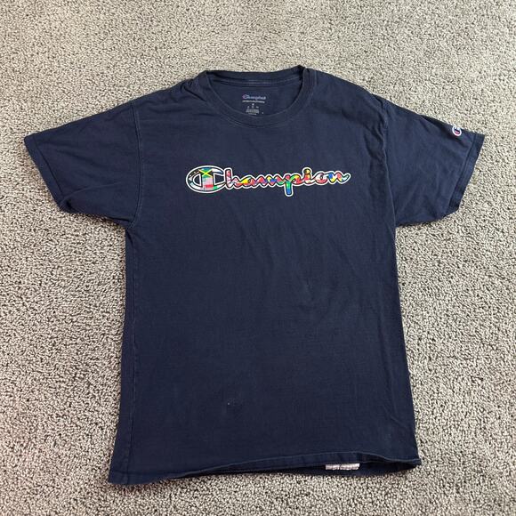 Champion Shirt Mens Medium Blue Signature World Flag Logo Short Sleeve FLAW - Picture 2 of 9